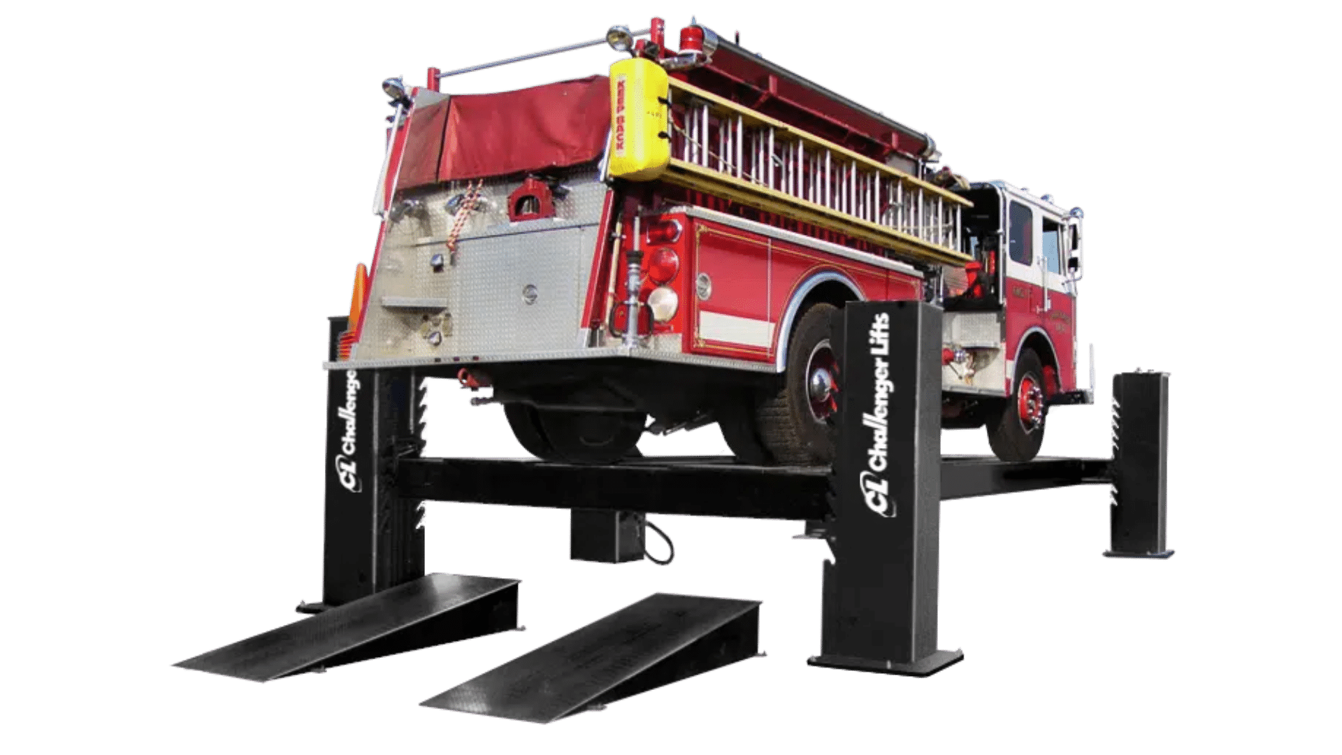 Challengers 44030 4post lift with red fire truck supported and on black columns