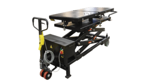 Challengers BT3300 Lift table with black pallet-jack style handle, extended black top plate, 120v outlet, and power cord