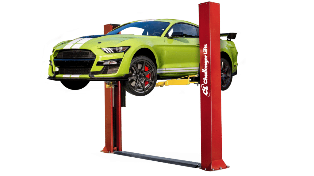 Challengers Standard 2-post lift CLFP9 with white Ford Mustang supported
