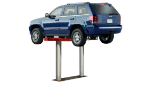 Challengers EV1220 inground lift supporting an SUV with 2 silver inground columns
