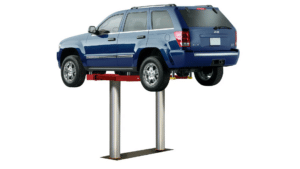 Challengers EV1220 inground lift supporting an SUV with 2 silver inground columns