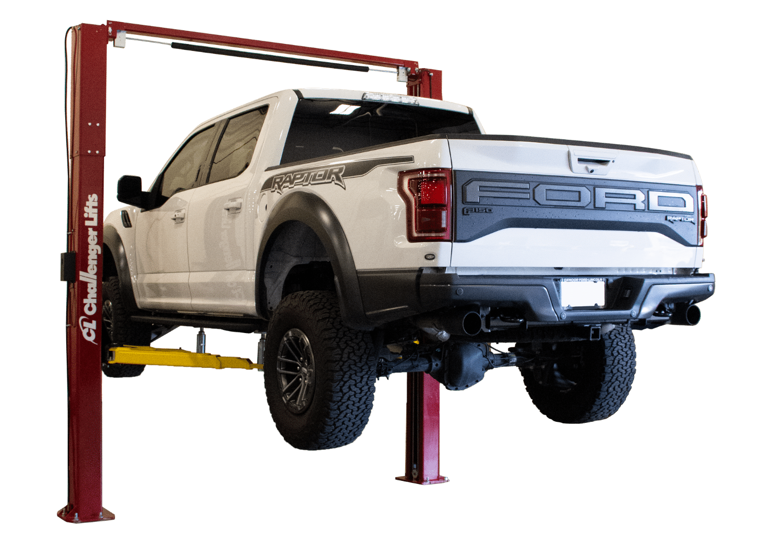 Challengers 2-post lift with red columns and Sierra Truck suspended