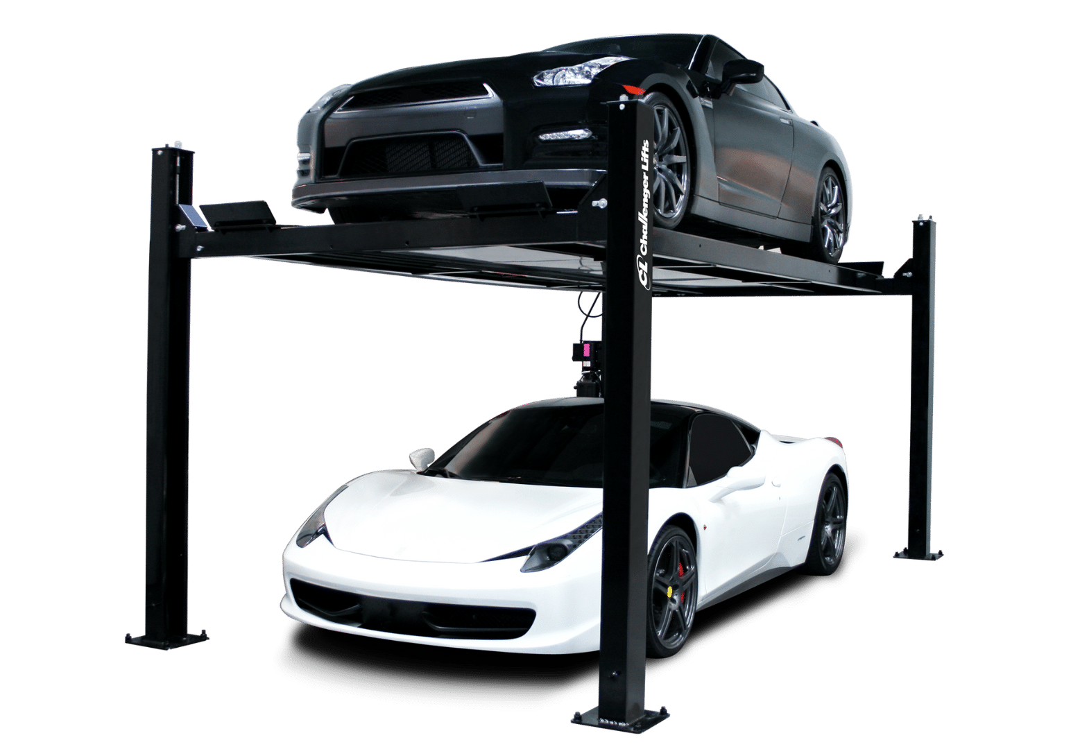 Challenger's Home Storage Unit. Displaying a white sports car and black sports car with black supporting columns