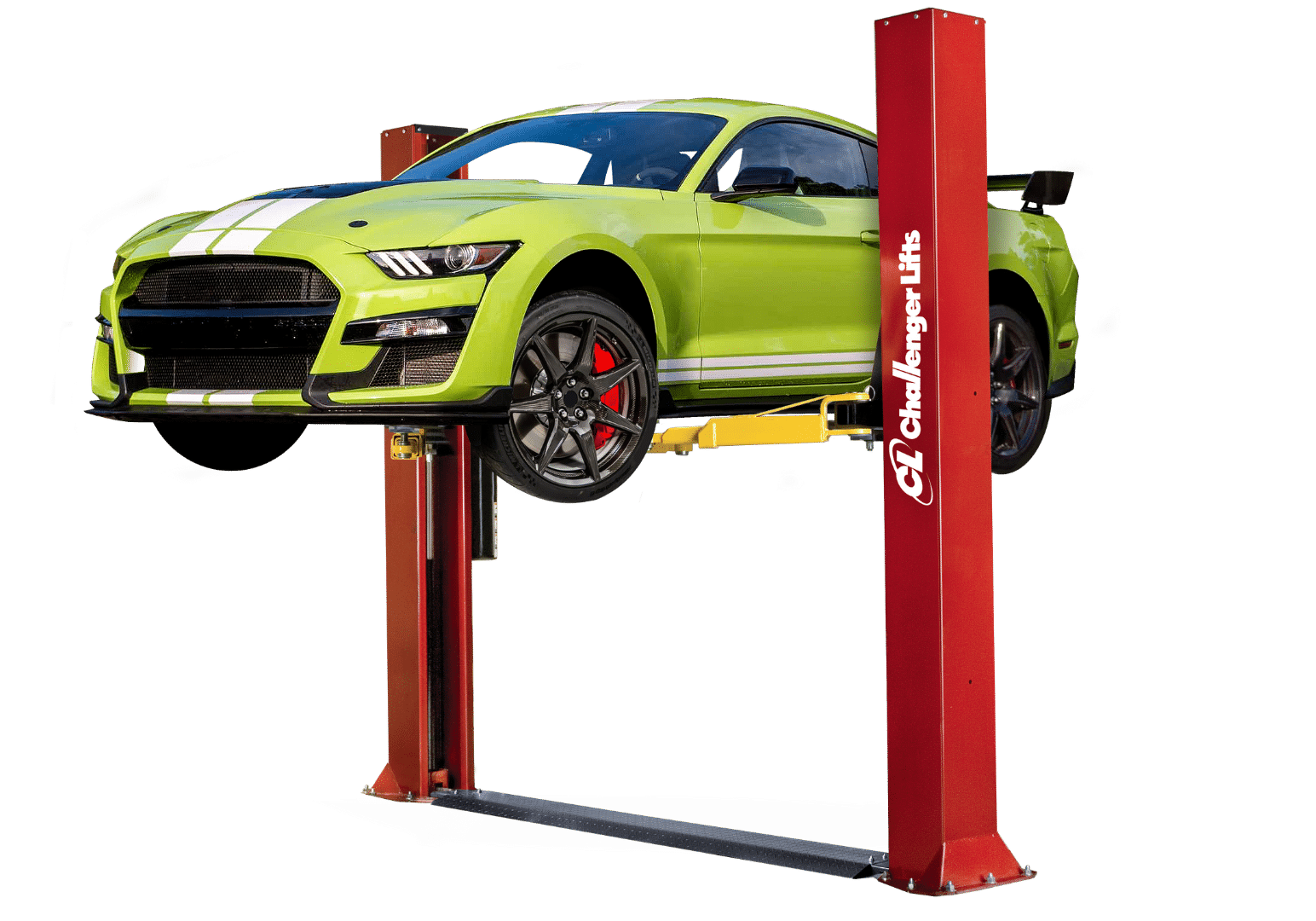 Challengers Standard 2-post lift CLFP9 with white Ford Mustang supported
